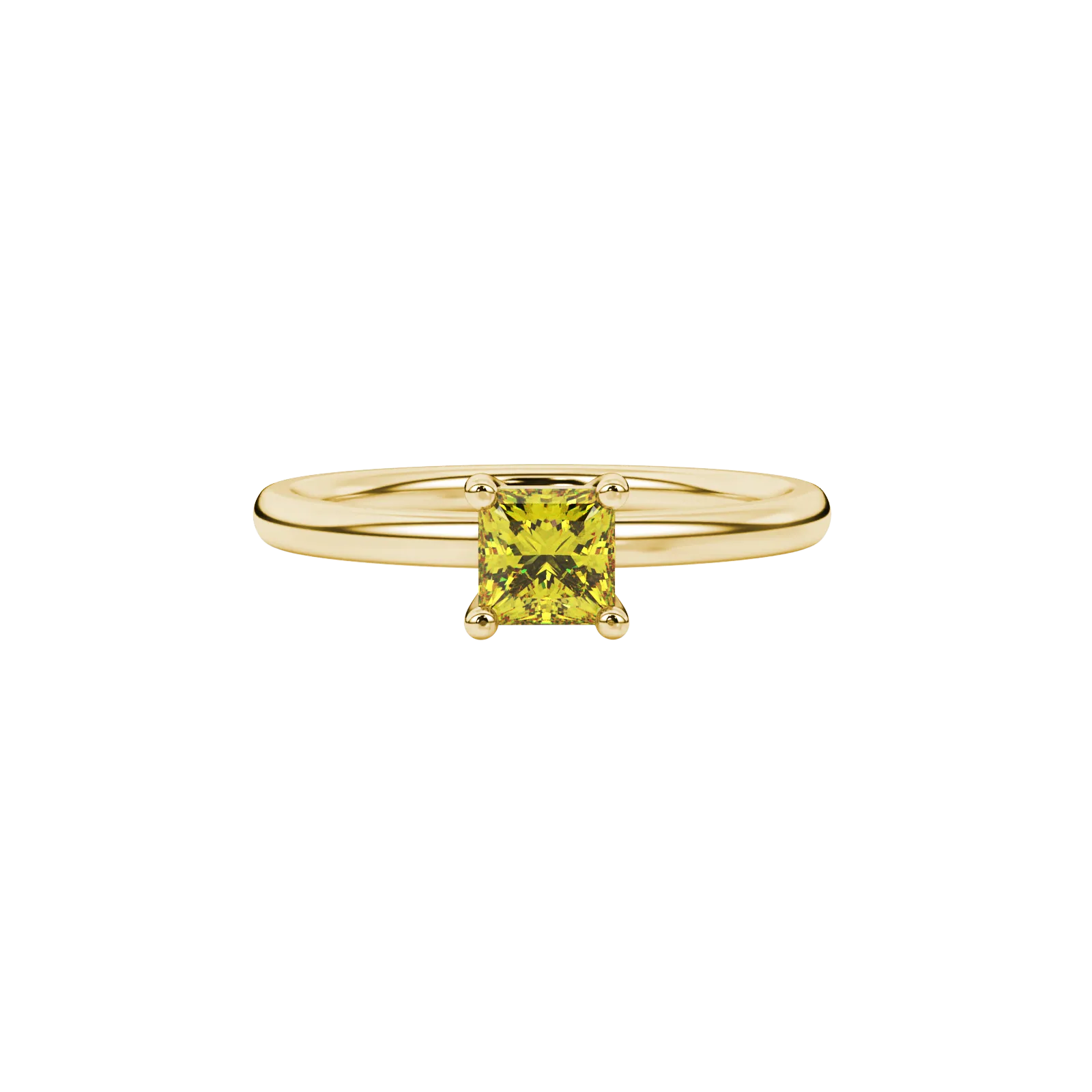 Close-up, princess canary yellow gemstone, yellow gold basket ring.