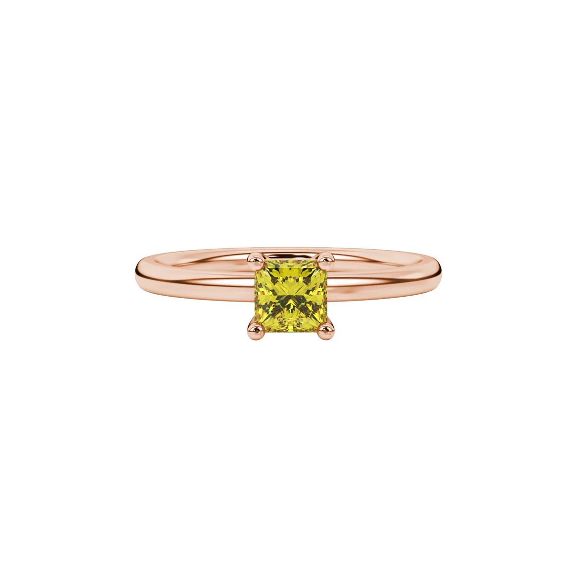 Close-up, princess canary yellow gemstone ring, rose gold basket setting.