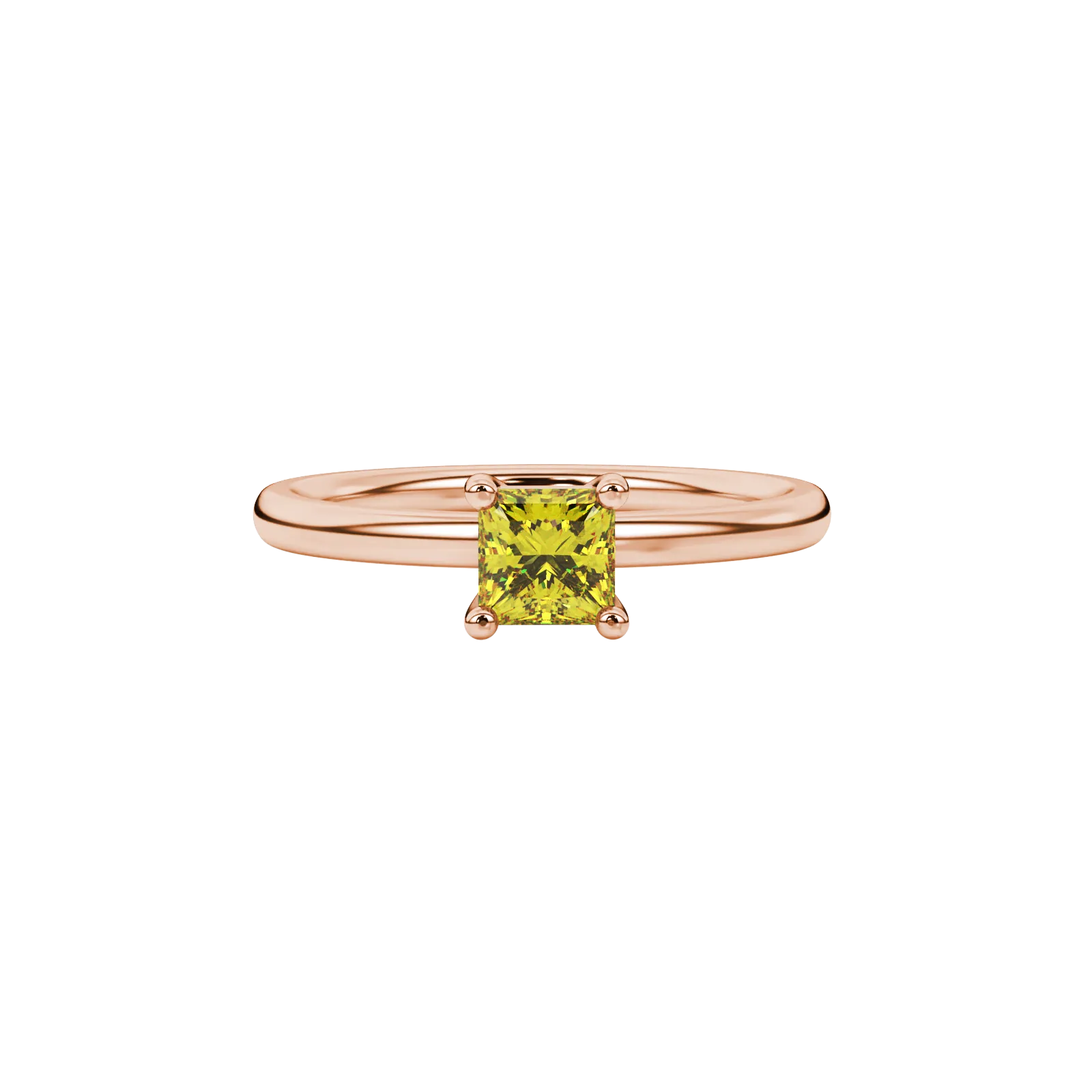Close-up, princess canary yellow gemstone ring, rose gold basket setting.
