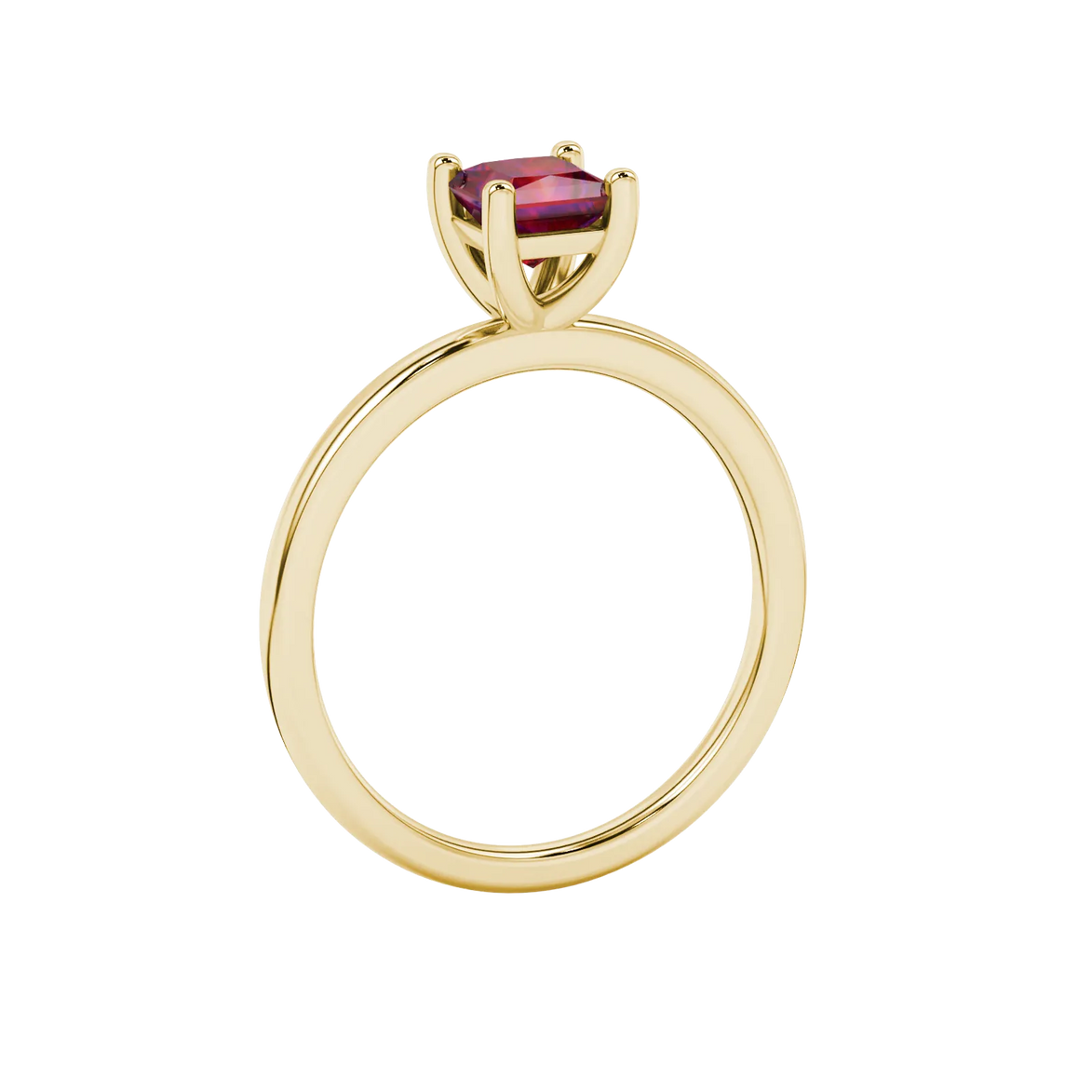 Side profile, yellow gold raspberry red ring, classic basket gallery.