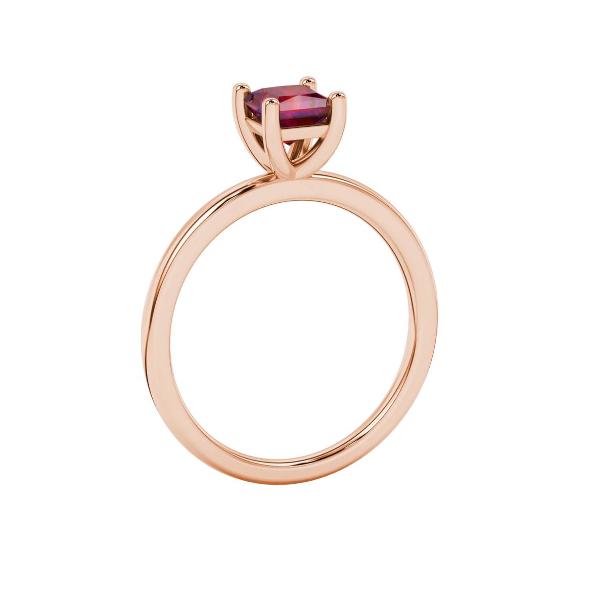 Side profile, rose gold raspberry red ring, classic basket gallery.