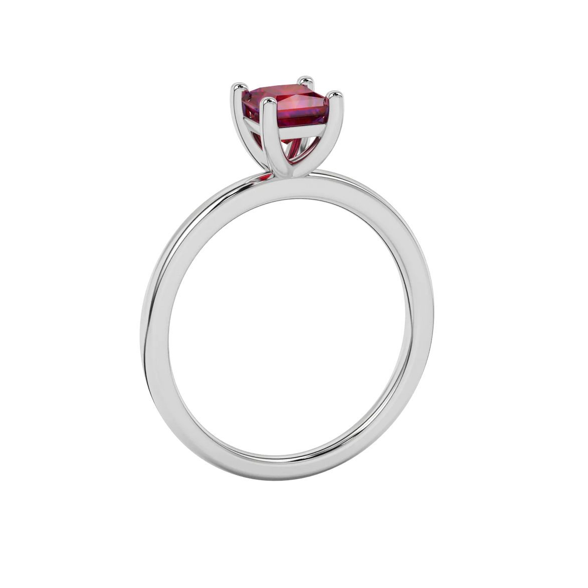 Side profile, white gold raspberry red ring, classic basket gallery.