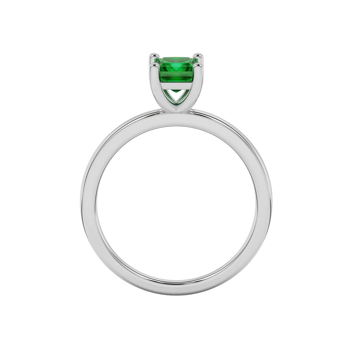 Princess emerald green gemstone ring, white gold classic basket setting.