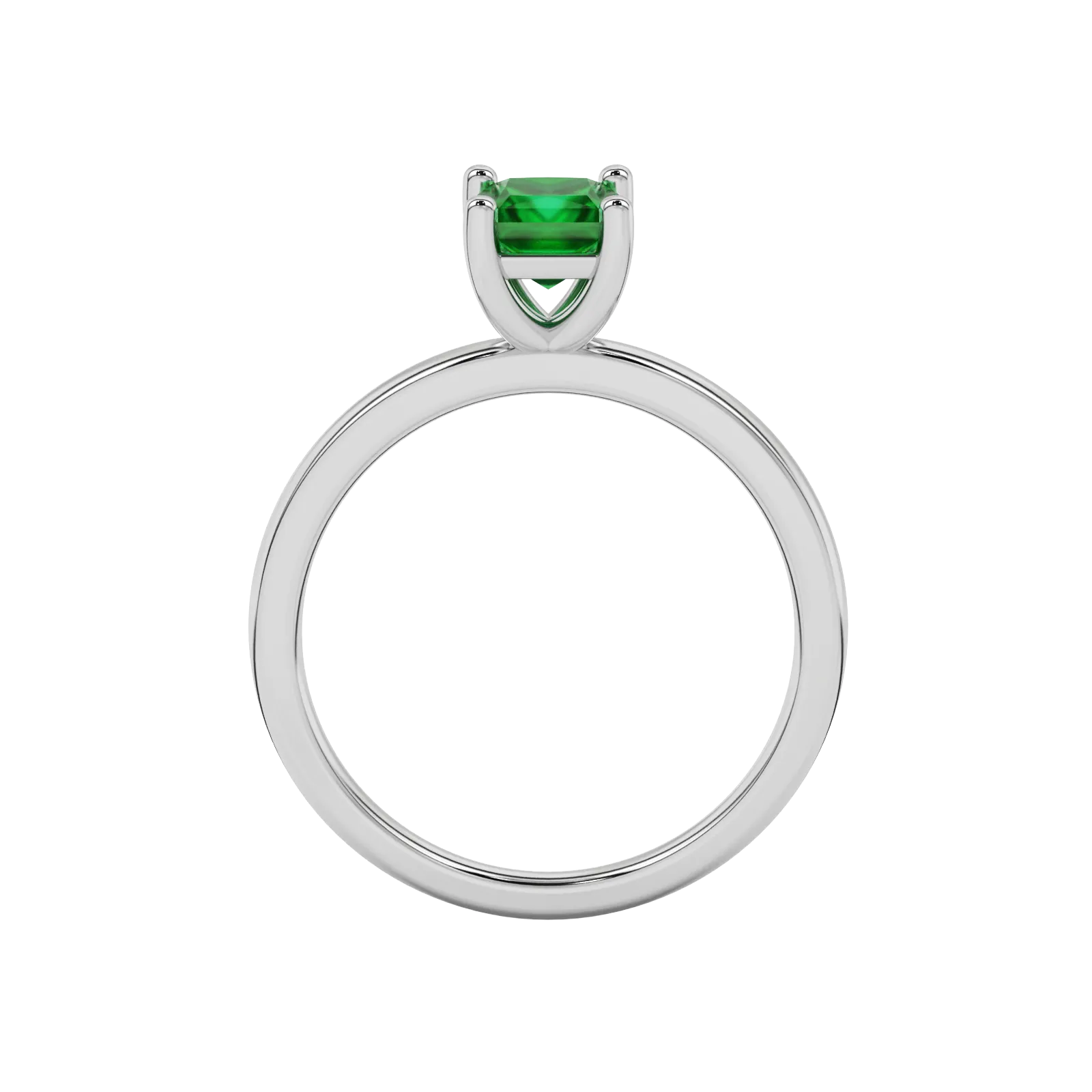 Princess emerald green gemstone ring, white gold classic basket setting.