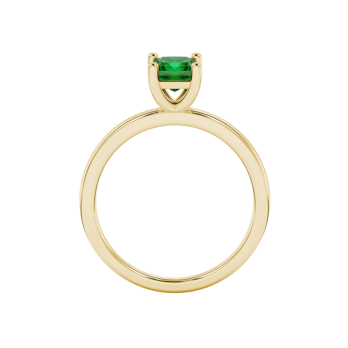 Princess emerald green gemstone ring, yellow gold classic basket setting.