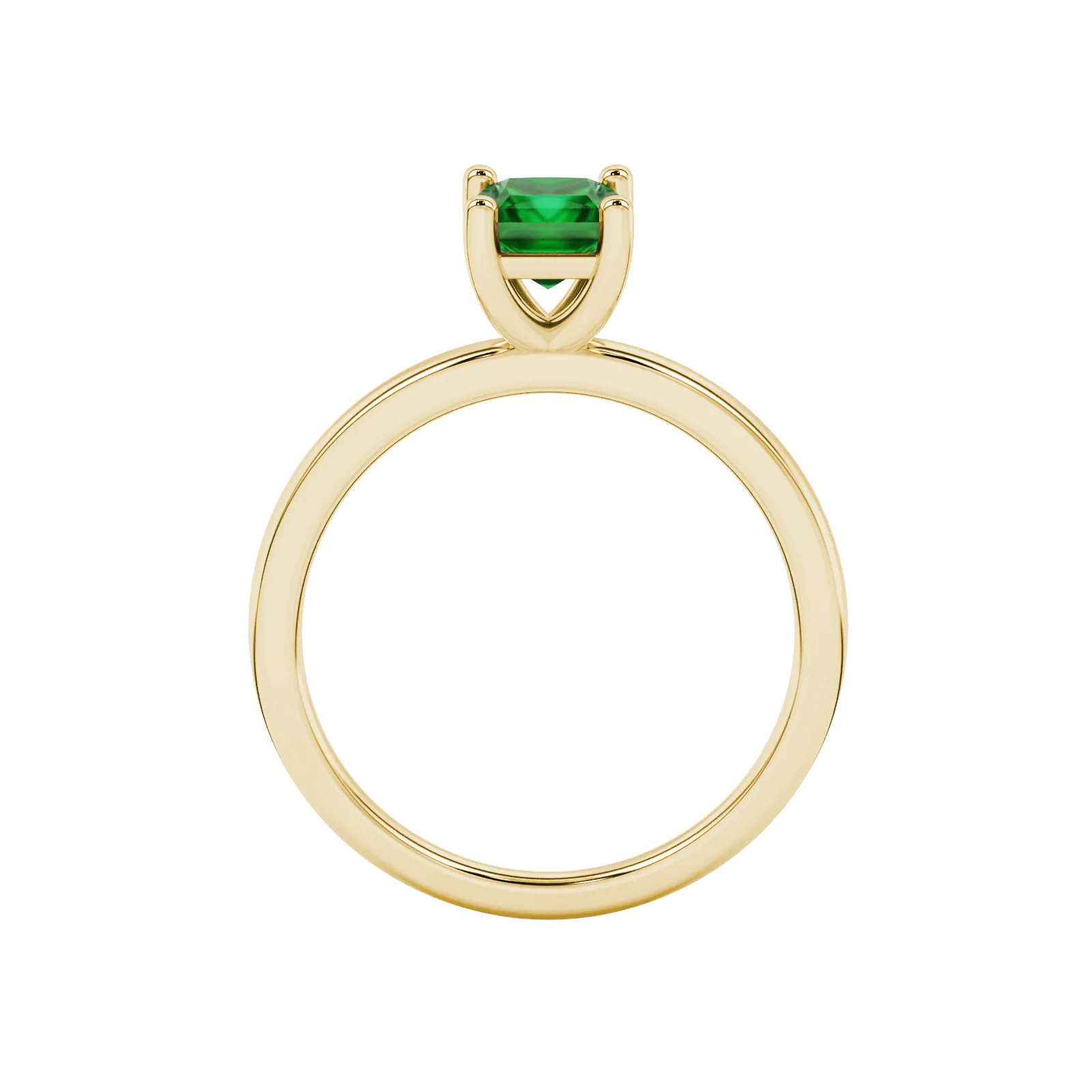 Princess emerald green gemstone ring, yellow gold classic basket setting.