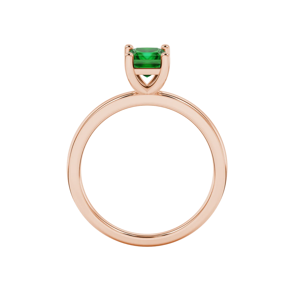 Princess emerald green gemstone ring, rose gold classic basket setting.
