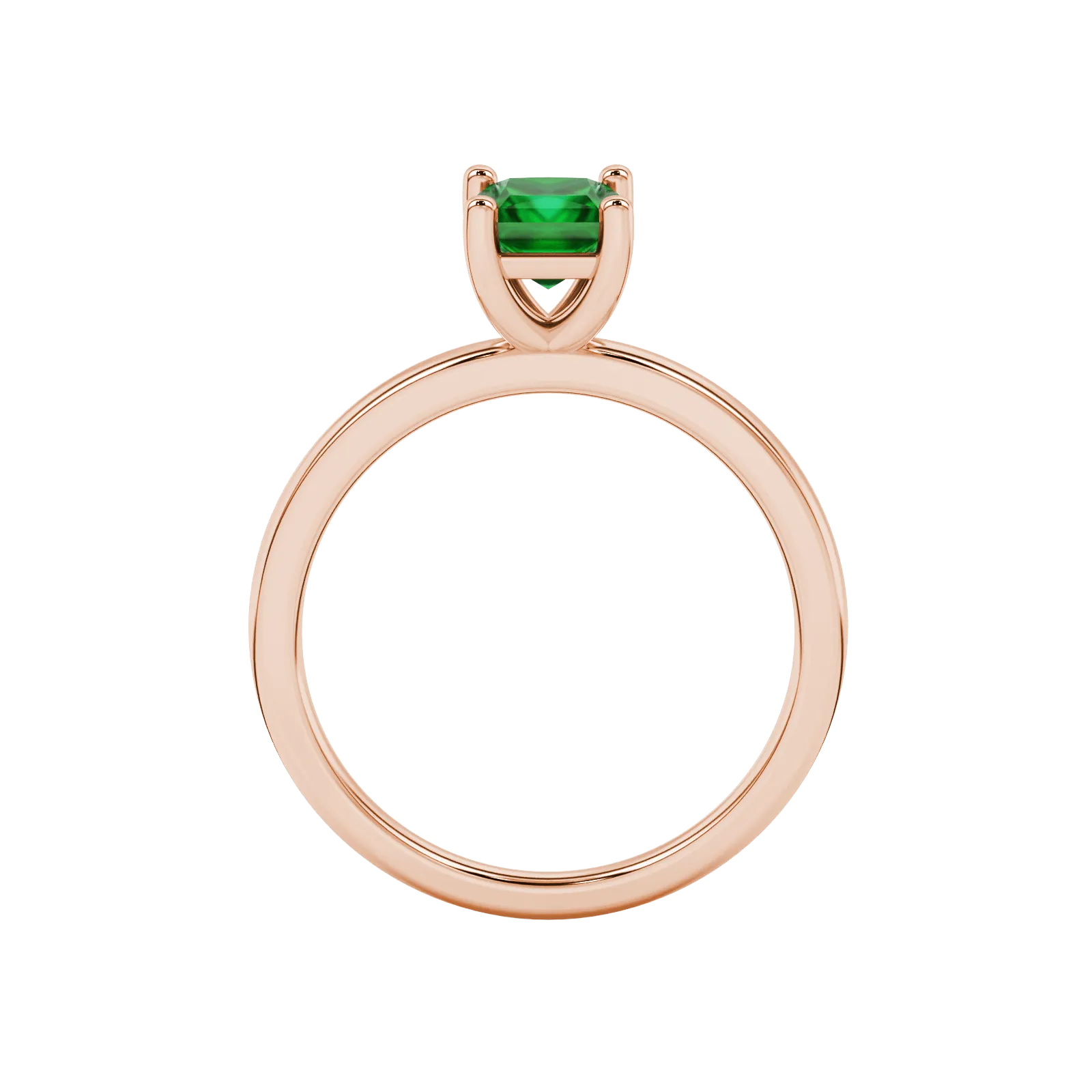 Princess emerald green gemstone ring, rose gold classic basket setting.