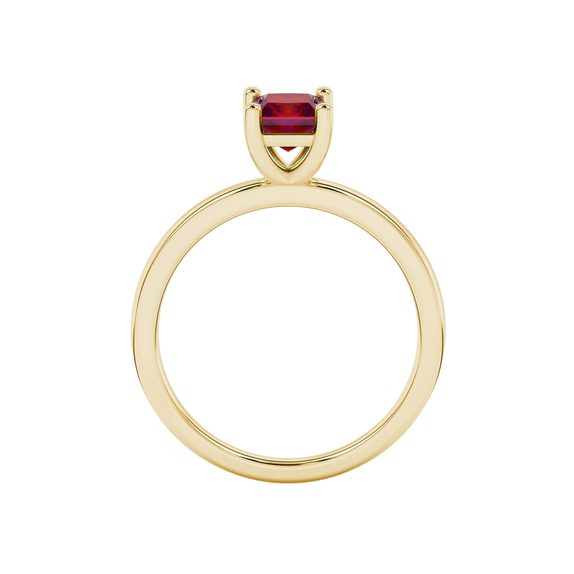 Princess raspberry red gemstone ring, yellow gold classic basket setting.