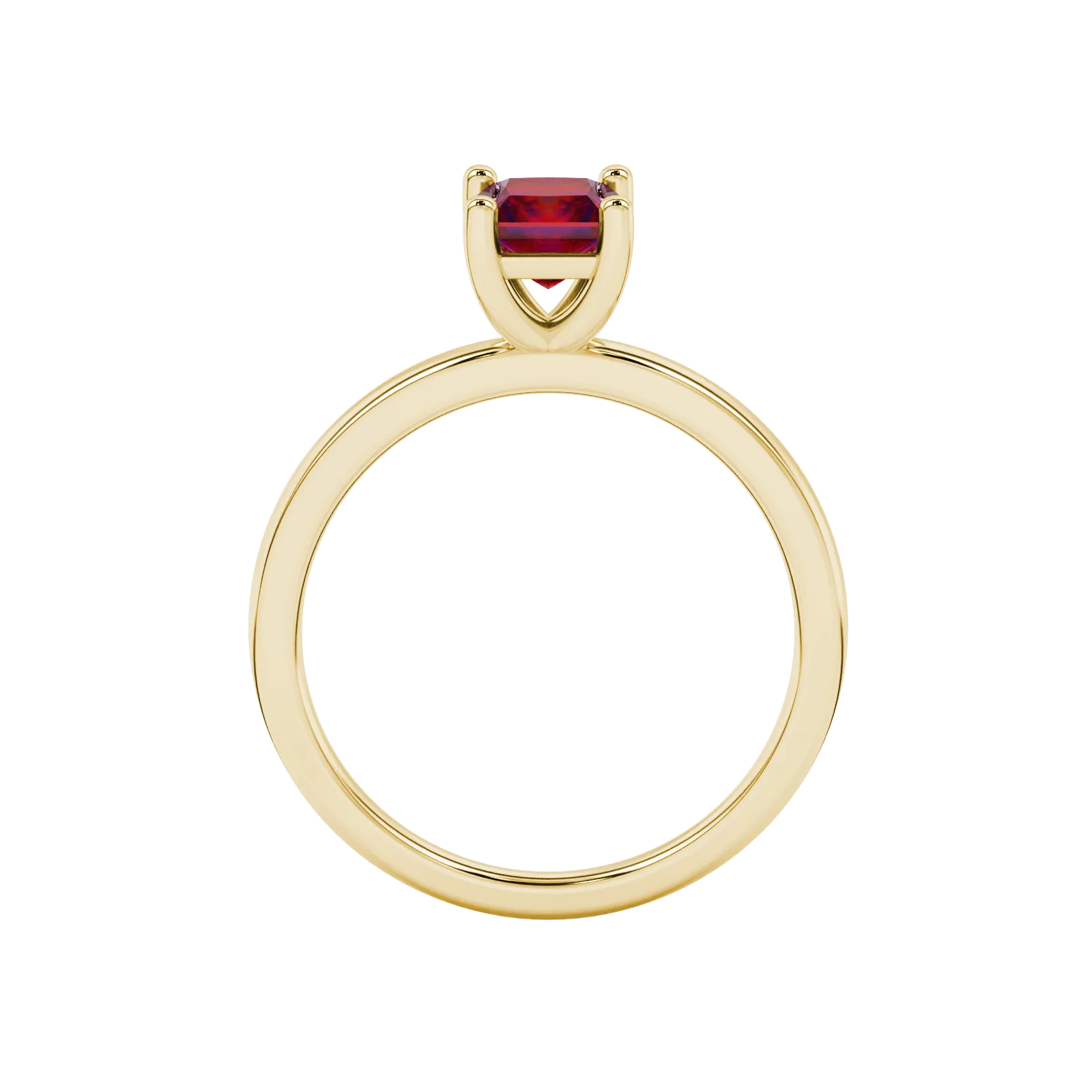 Princess raspberry red gemstone ring, yellow gold classic basket setting.