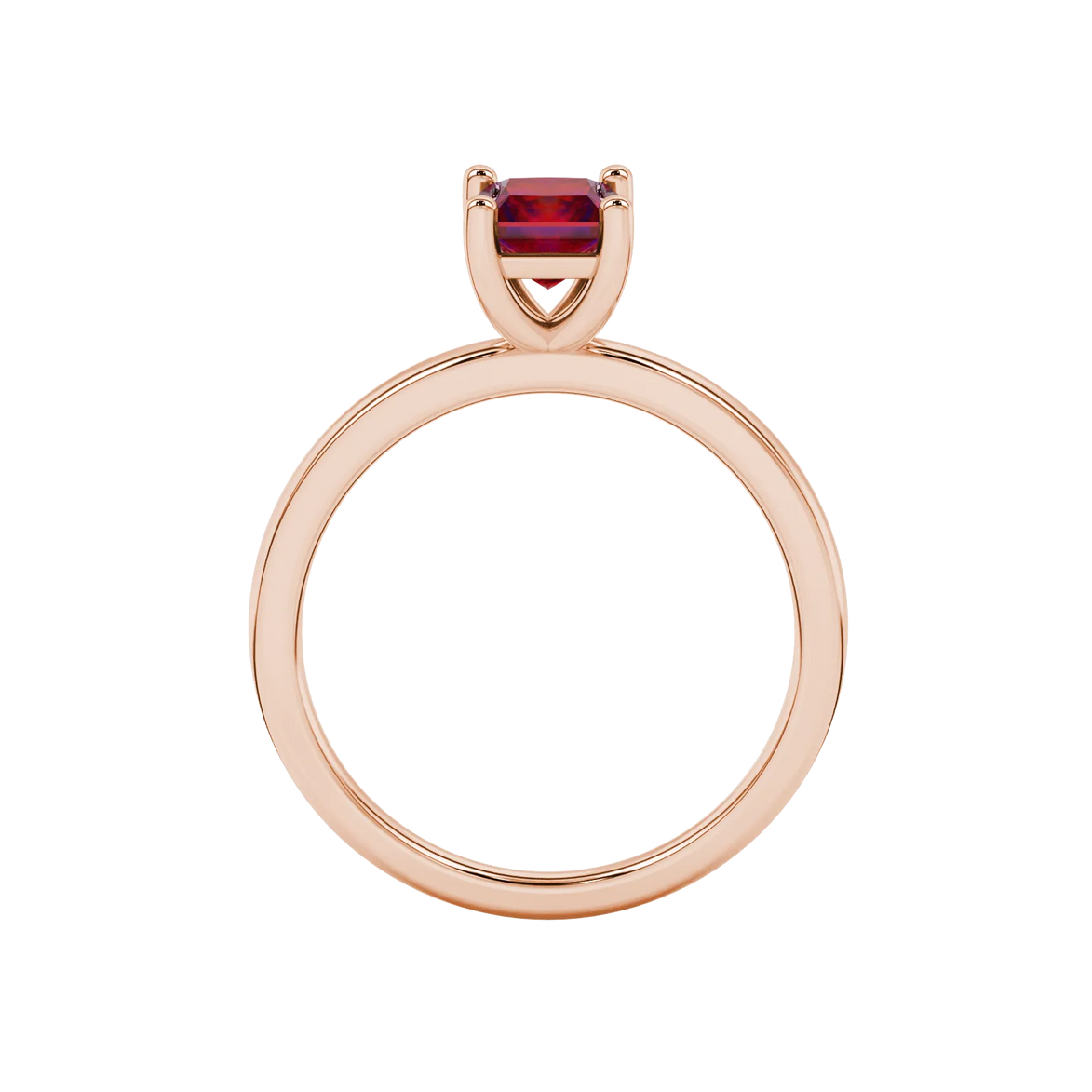 Princess raspberry red gemstone ring, rose gold classic basket setting.