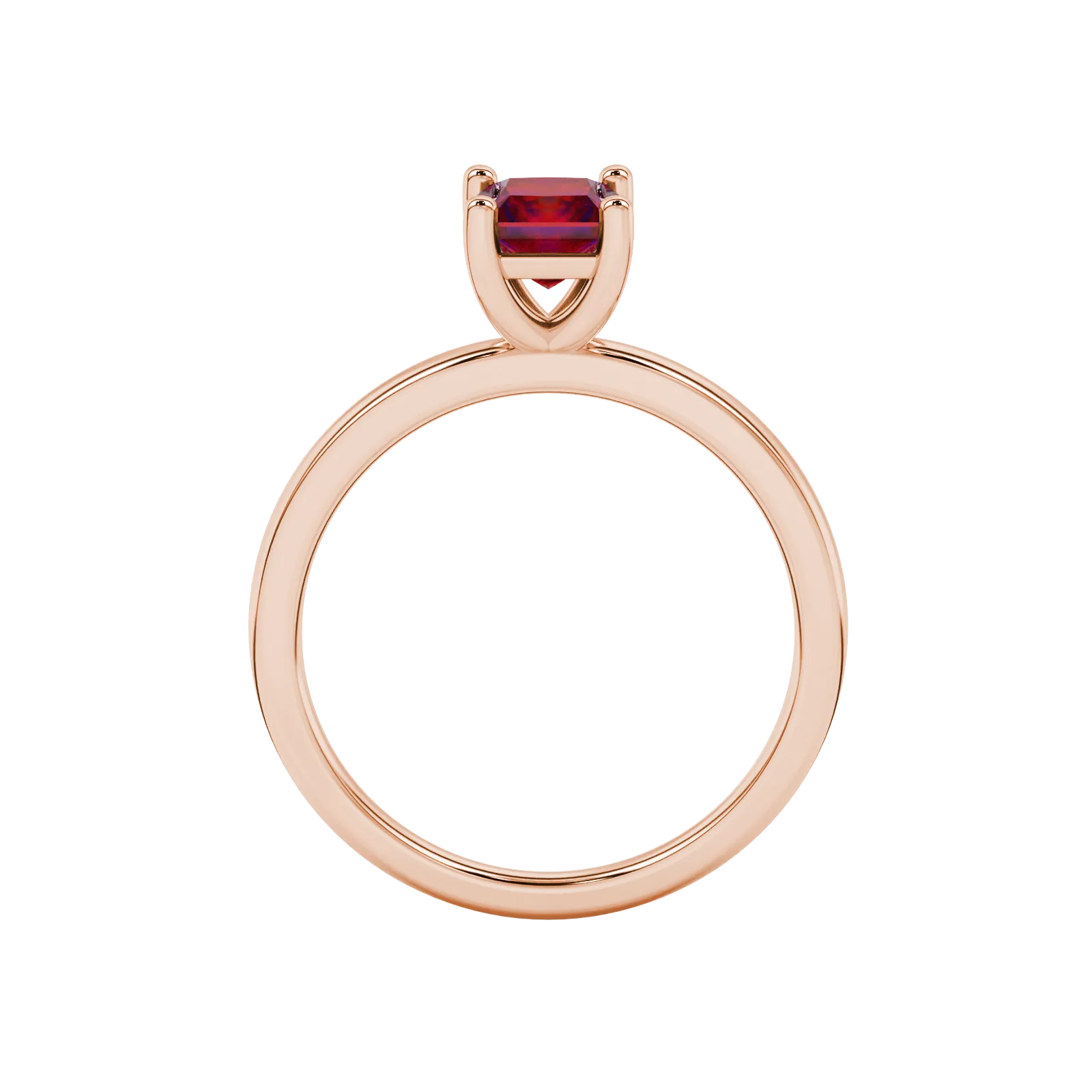 Princess raspberry red gemstone ring, rose gold classic basket setting.