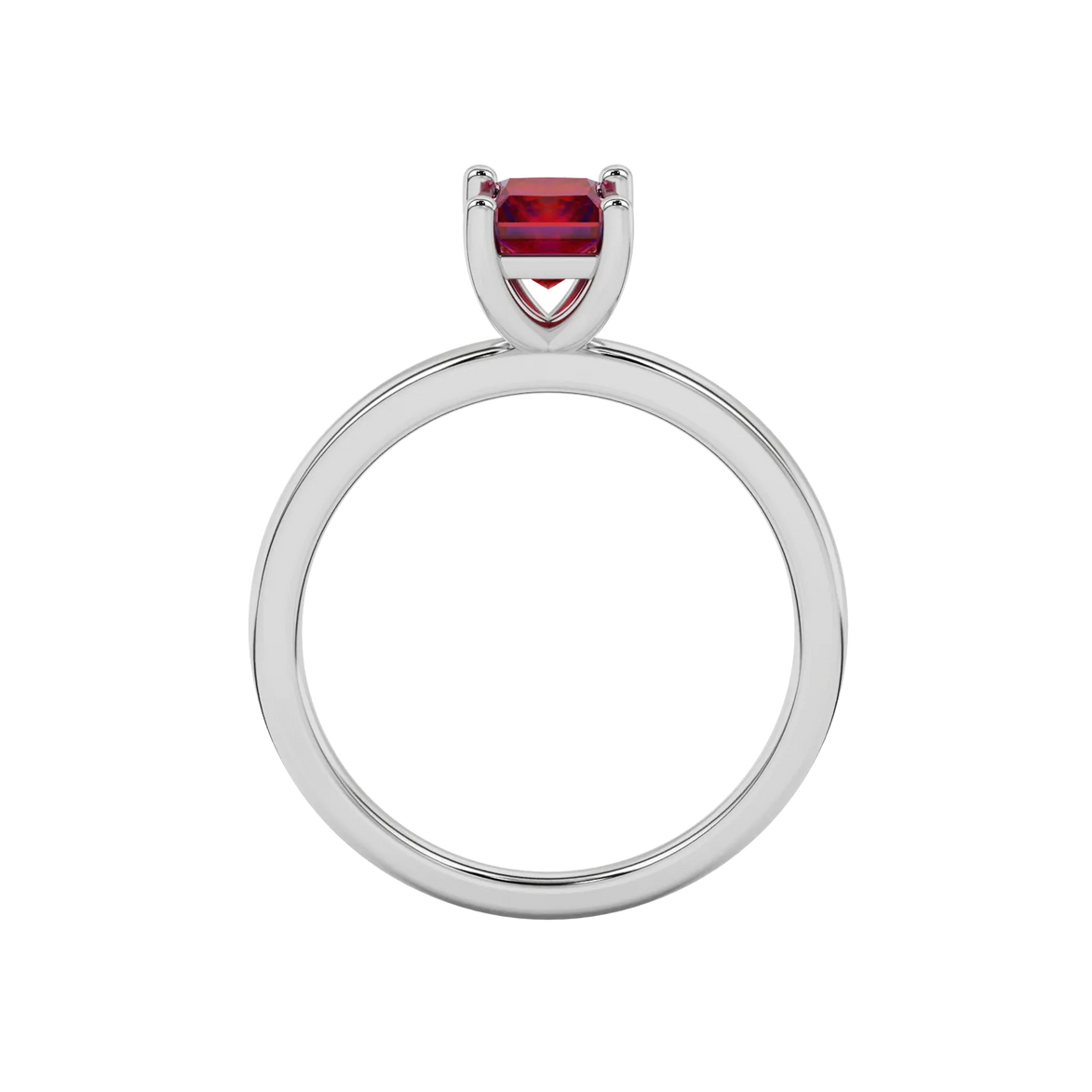 Princess raspberry red gemstone ring, white gold classic basket setting.