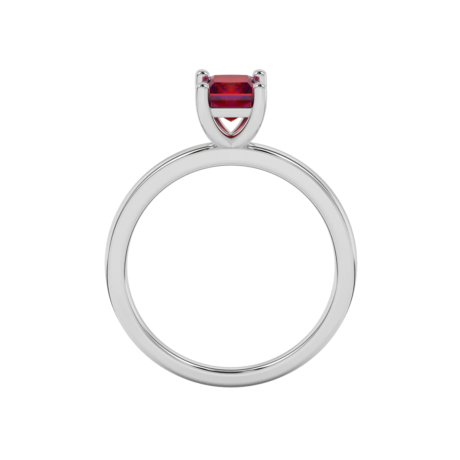 Princess raspberry red gemstone ring, white gold classic basket setting.