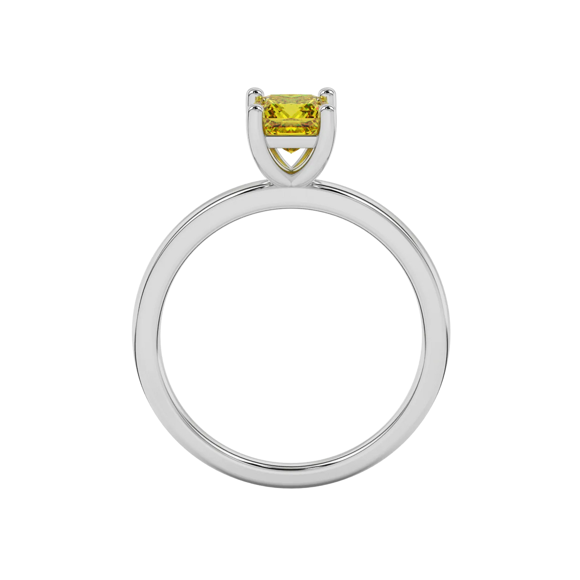 Princess canary yellow gemstone ring, white gold classic basket setting.