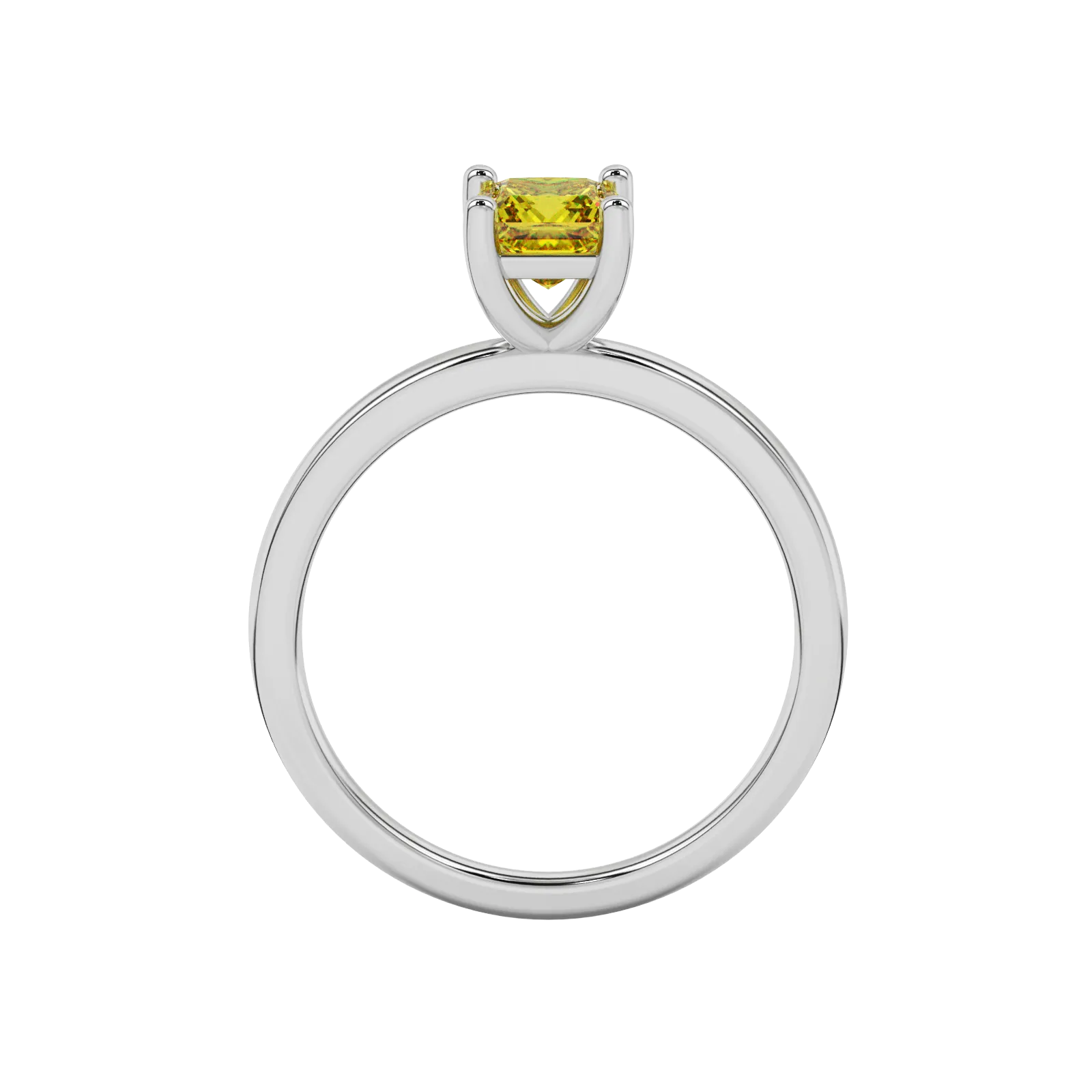 Princess canary yellow gemstone ring, white gold classic basket setting.