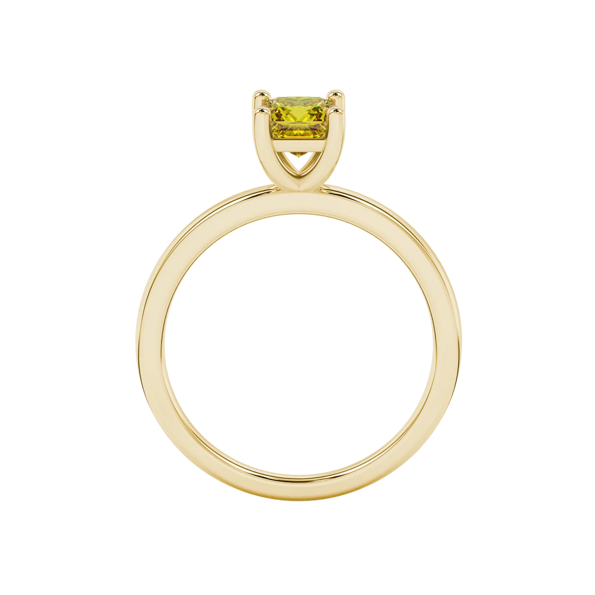 Princess canary yellow gemstone ring, yellow gold classic basket setting.