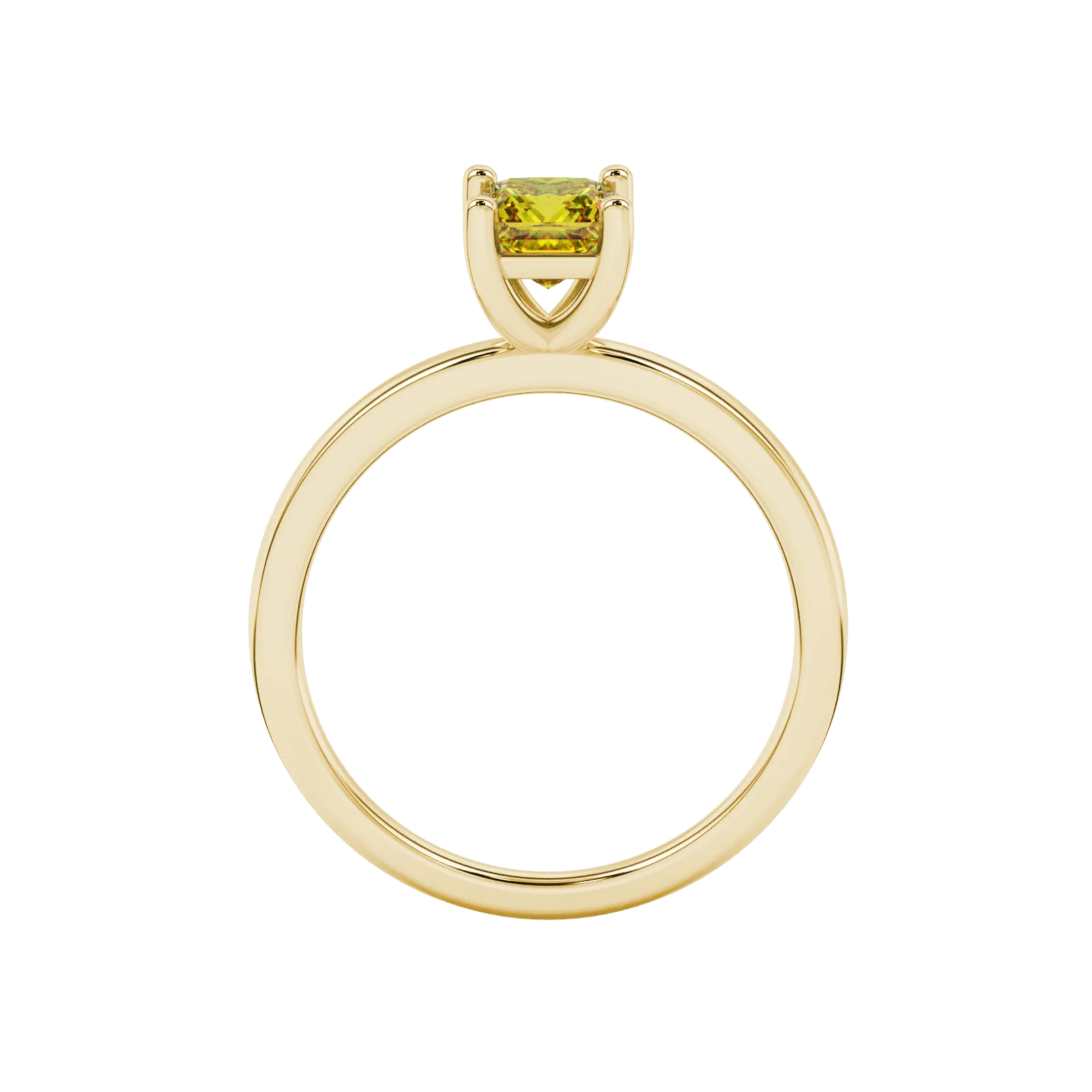 Princess canary yellow gemstone ring, yellow gold classic basket setting.