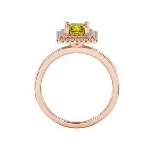 Princess canary yellow gemstone ring, rose gold falling edge halo.