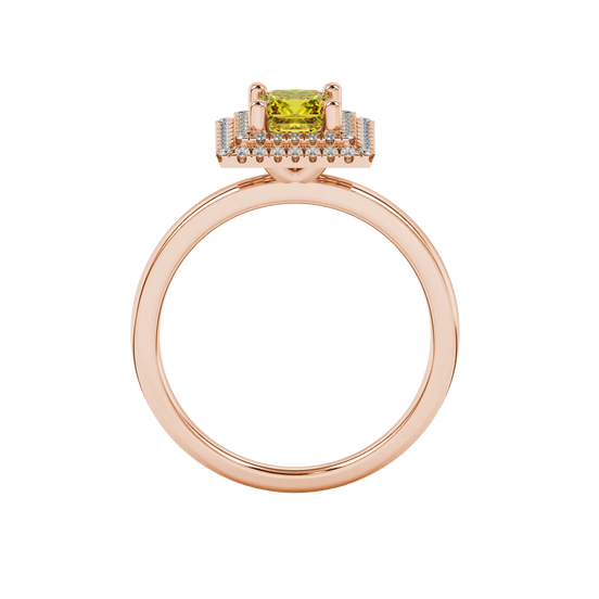 Princess canary yellow gemstone ring, rose gold falling edge halo.
