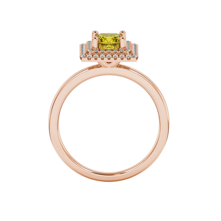 Princess canary yellow gemstone ring, rose gold falling edge halo.