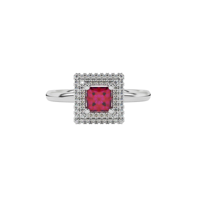 Close-up raspberry red gemstone, white gold diamond halo.