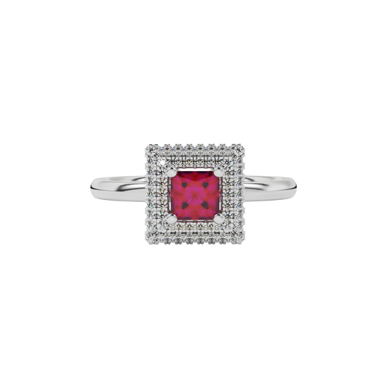 Close-up raspberry red gemstone, white gold diamond halo.