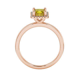 Princess canary yellow gemstone ring, rose gold french pavé halo.