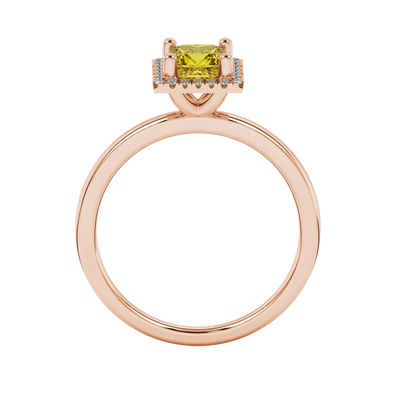 Princess canary yellow gemstone ring, rose gold french pavé halo.