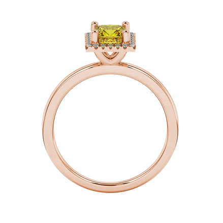 Princess canary yellow gemstone ring, rose gold french pavé halo.