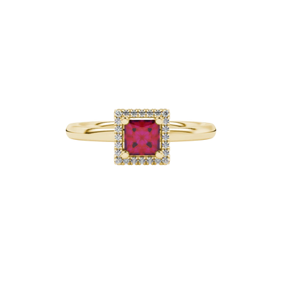 Close-up, princess raspberry red gemstone, yellow gold pavé ring.