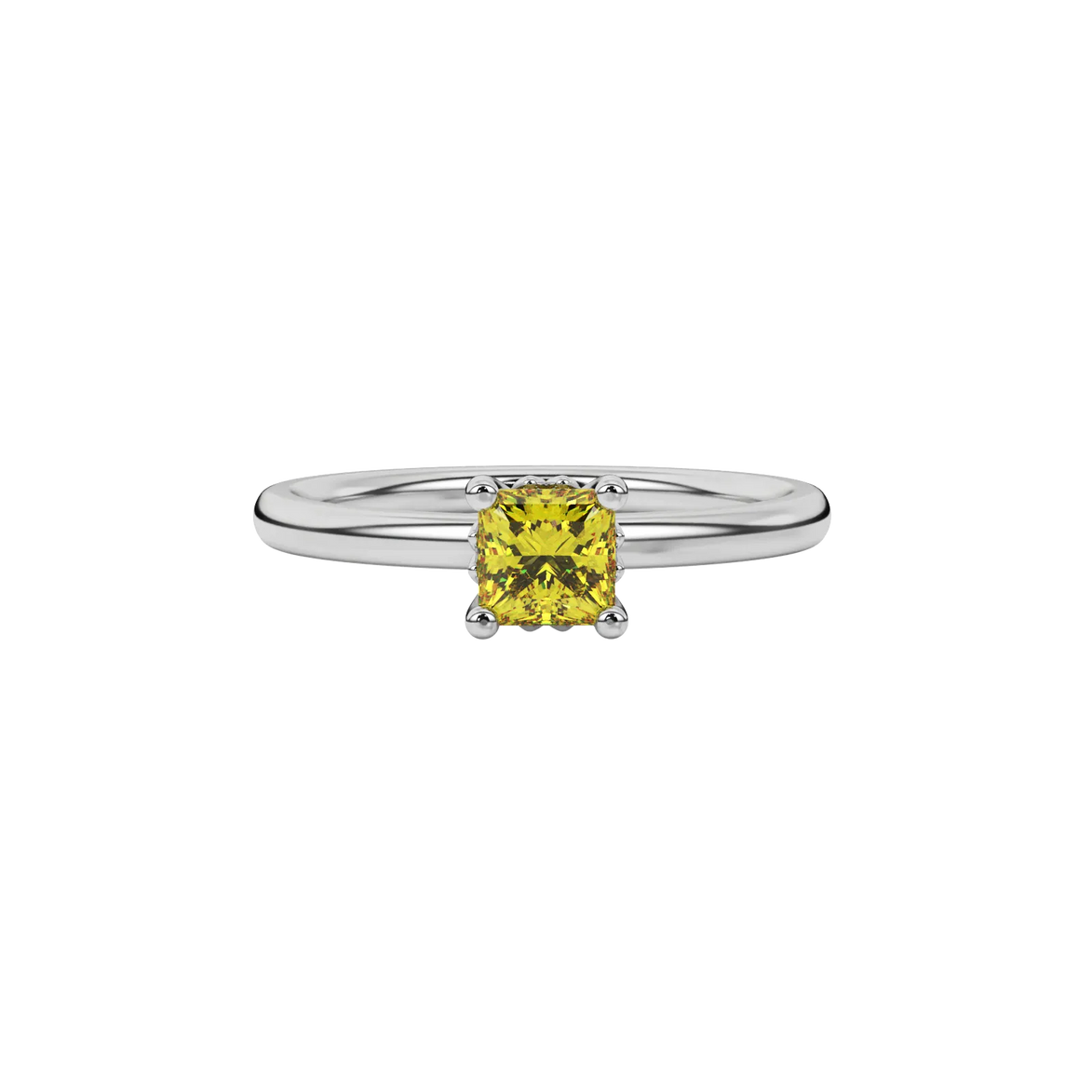 Close-up canary yellow gemstone ring, white gold lotus setting.