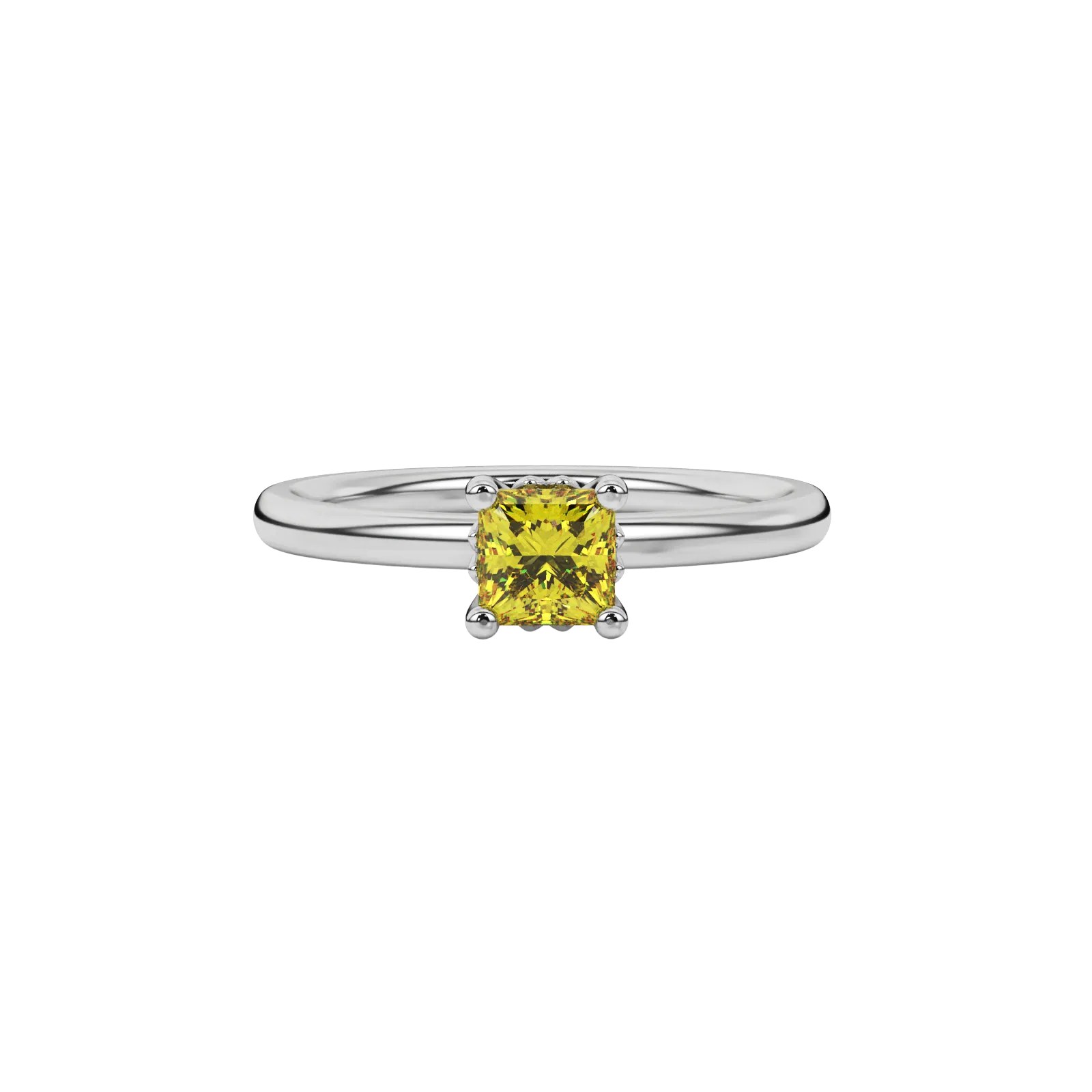 Close-up canary yellow gemstone ring, white gold lotus setting.