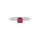 Close-up raspberry red gemstone ring, white gold lotus setting.