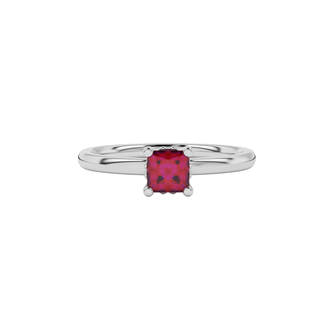 Close-up raspberry red gemstone ring, white gold lotus setting.