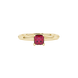 Close-up, princess raspberry red gemstone, yellow gold lotus ring.
