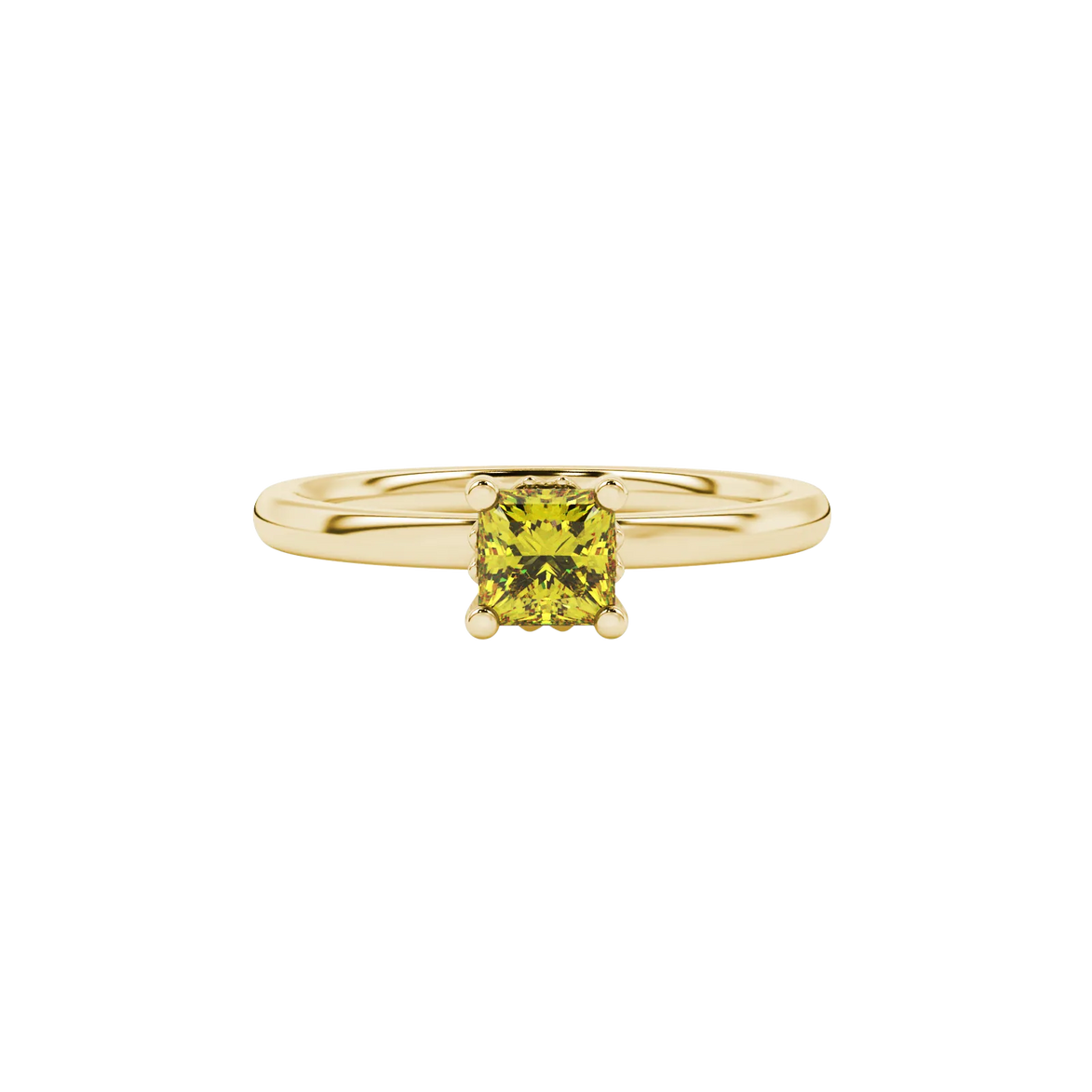Close-up, princess canary yellow gemstone, yellow gold lotus ring.