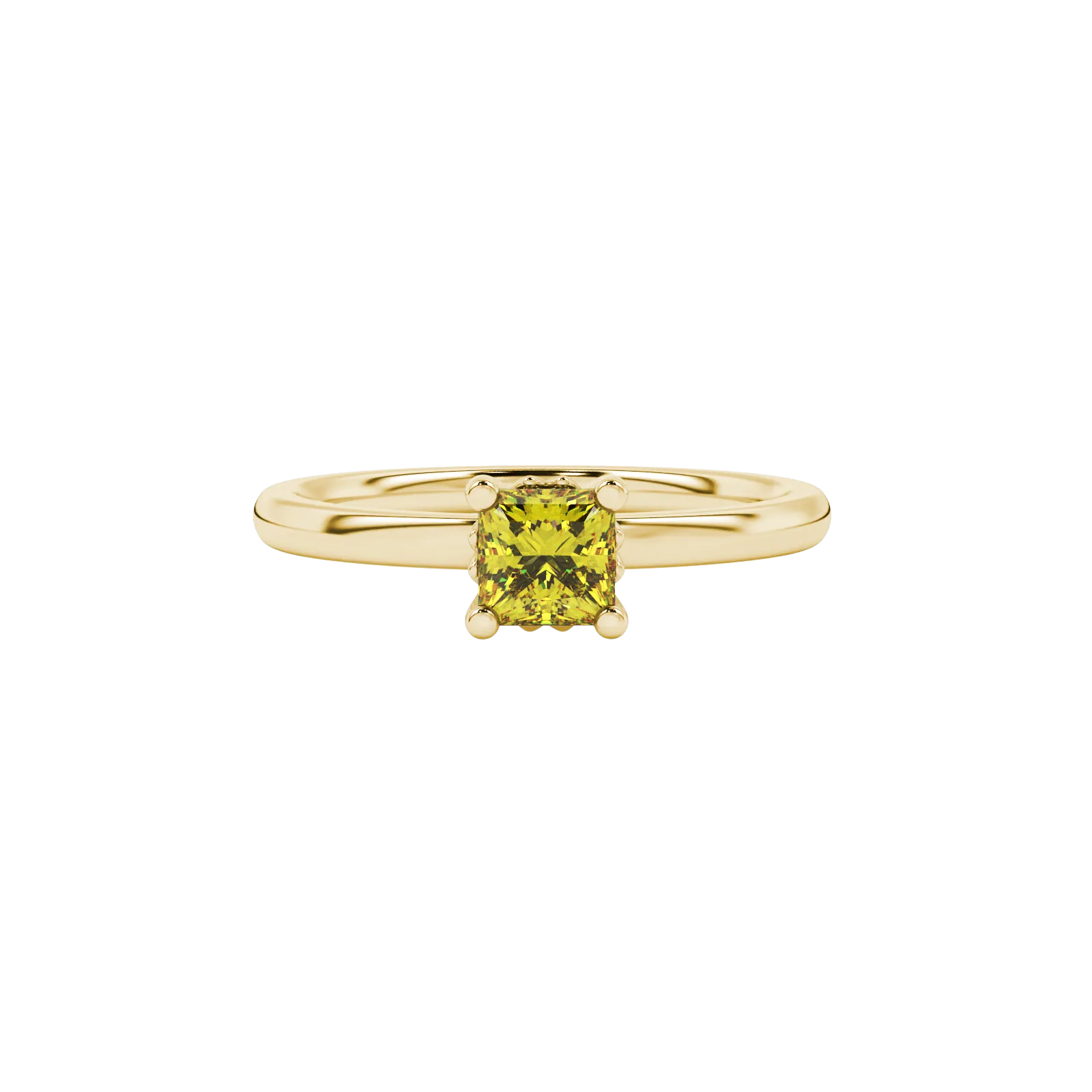 Close-up, princess canary yellow gemstone, yellow gold lotus ring.