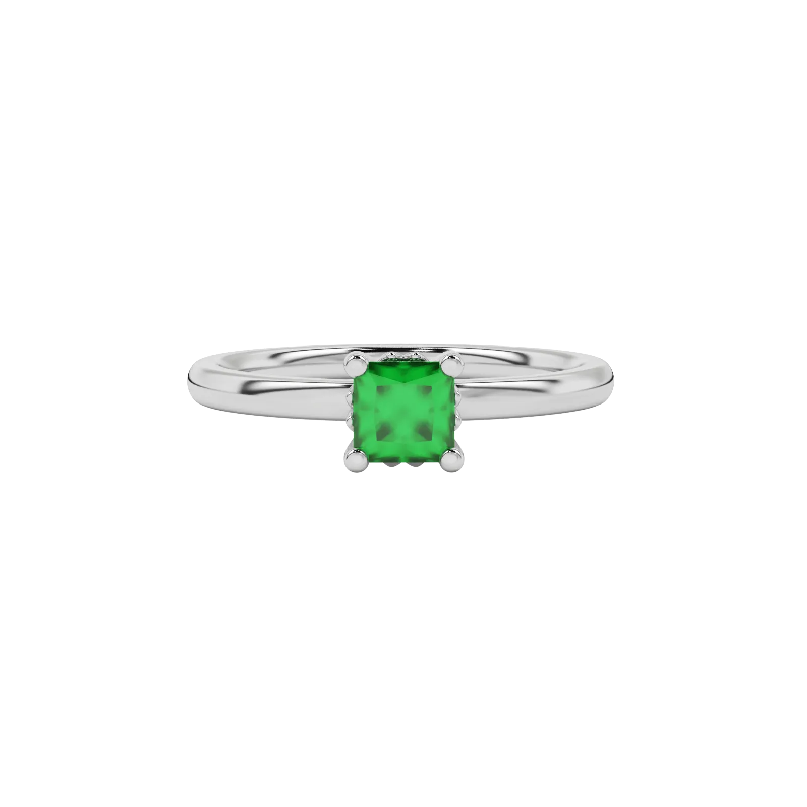Close-up emerald green gemstone ring, white gold lotus setting.