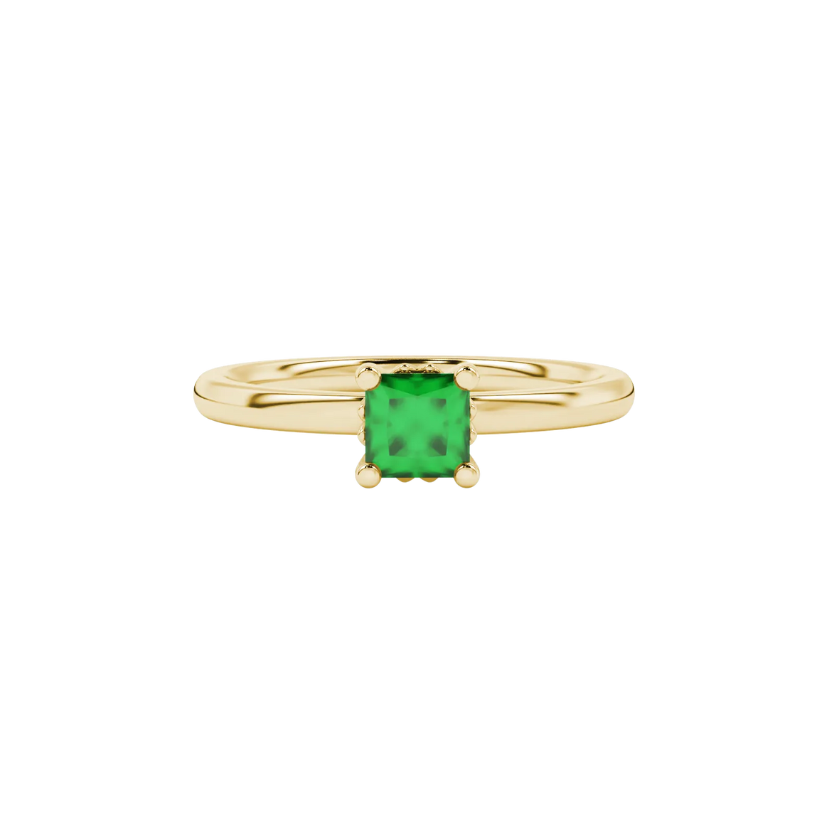Close-up, princess emerald green gemstone, yellow gold lotus ring.