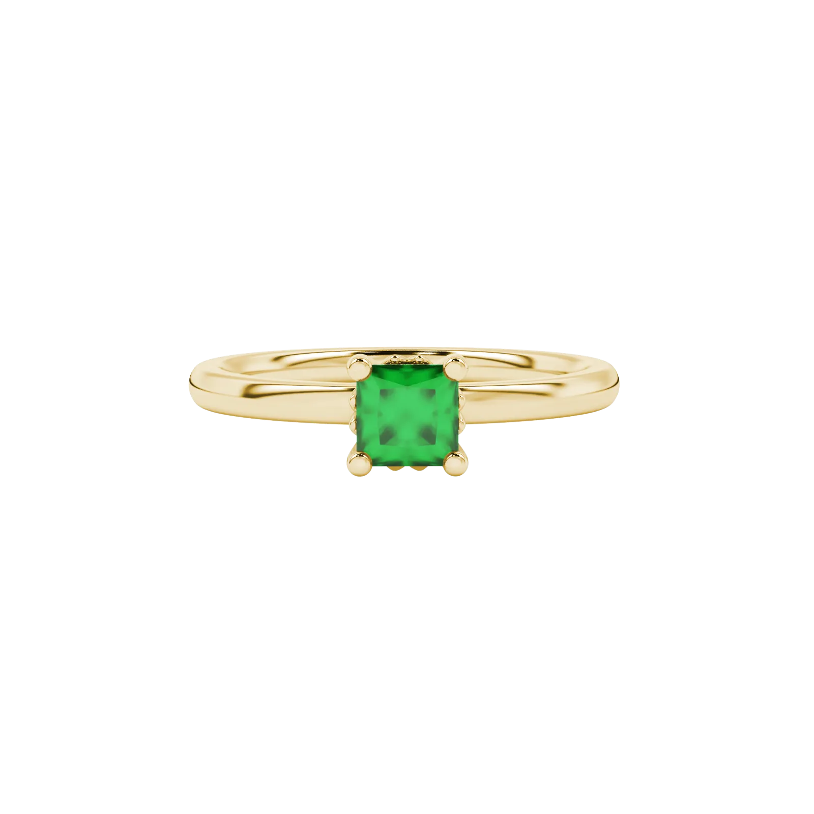 Close-up, princess emerald green gemstone, yellow gold lotus ring.