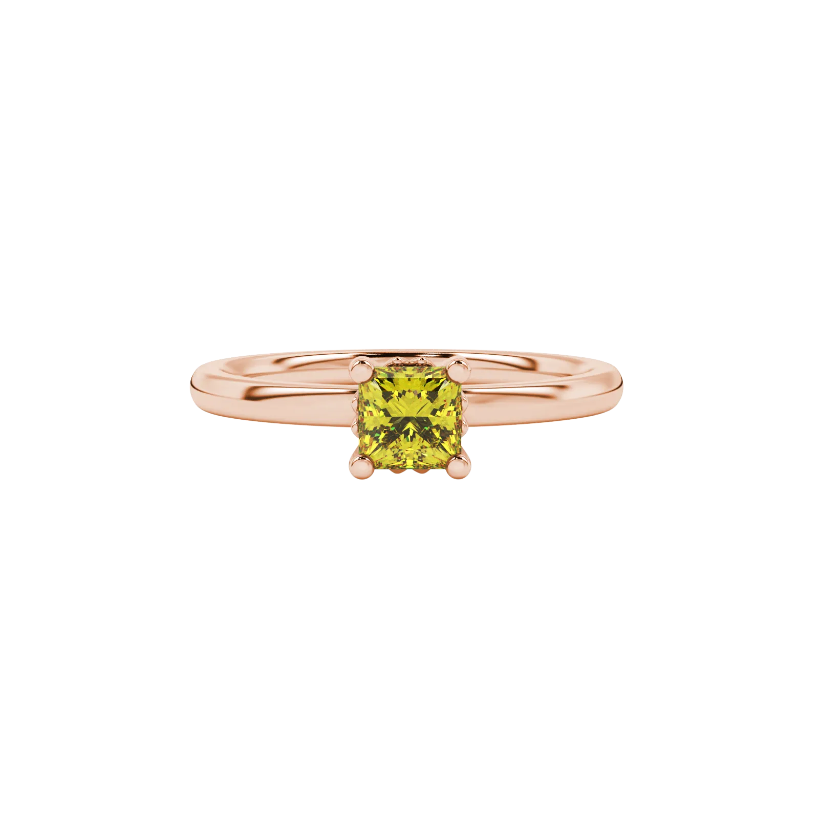 Close-up, princess canary yellow gemstone ring, rose gold lotus setting.