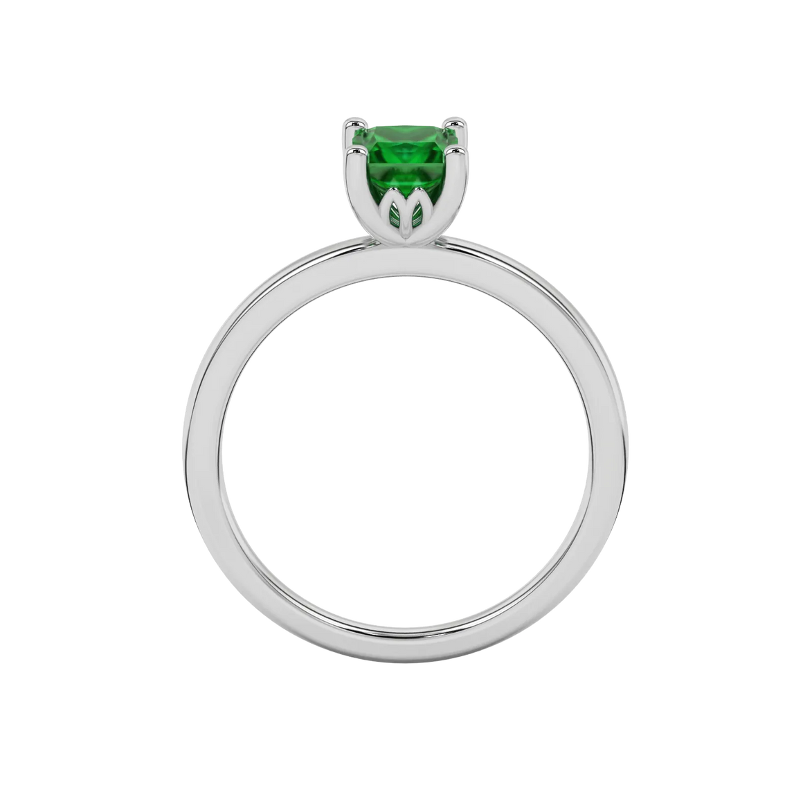 Princess emerald green gemstone ring, white gold lotus basket setting.