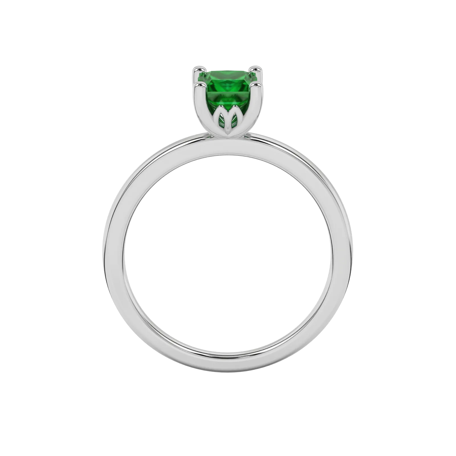 Princess emerald green gemstone ring, white gold lotus basket setting.
