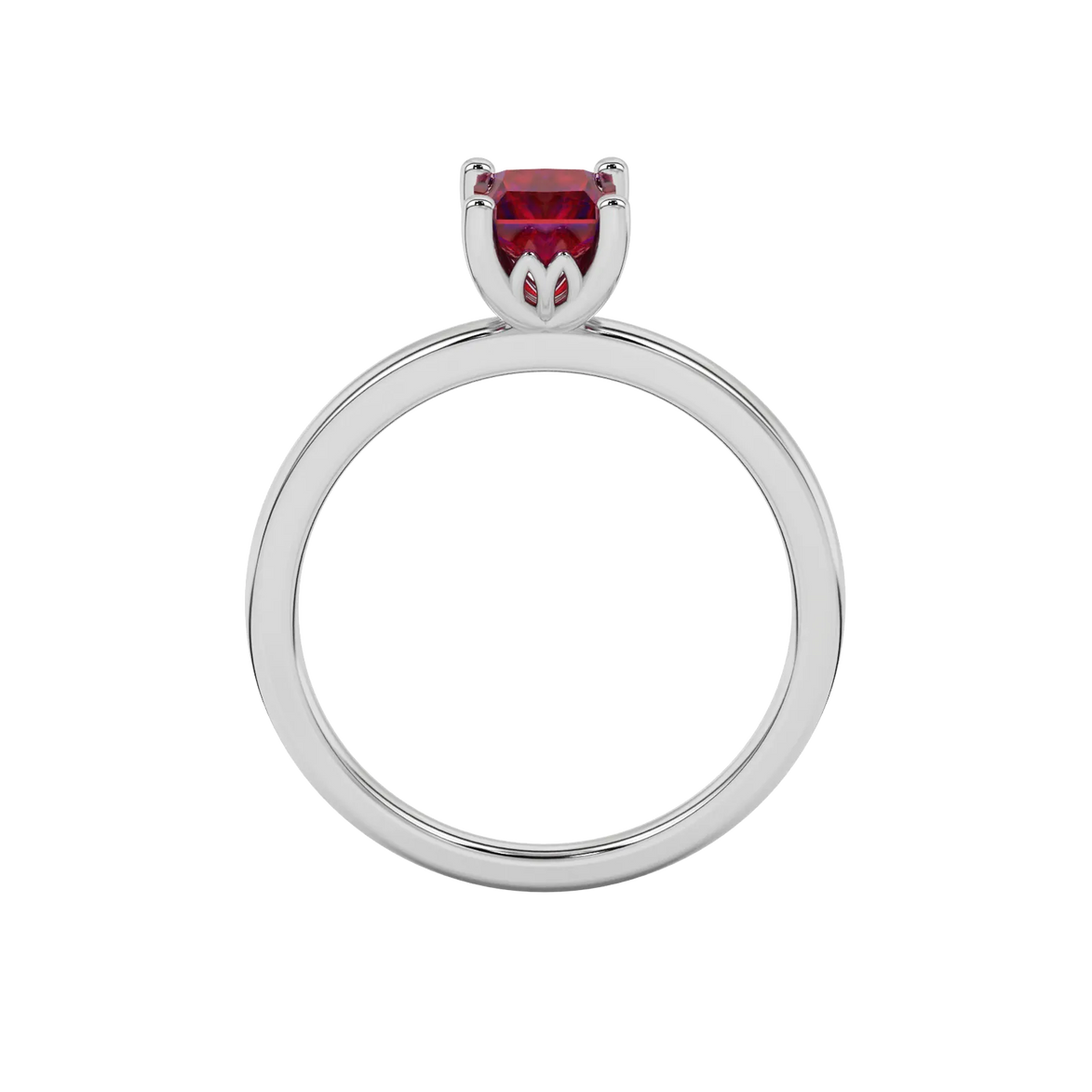 Princess raspberry red gemstone ring, white gold lotus basket setting.
