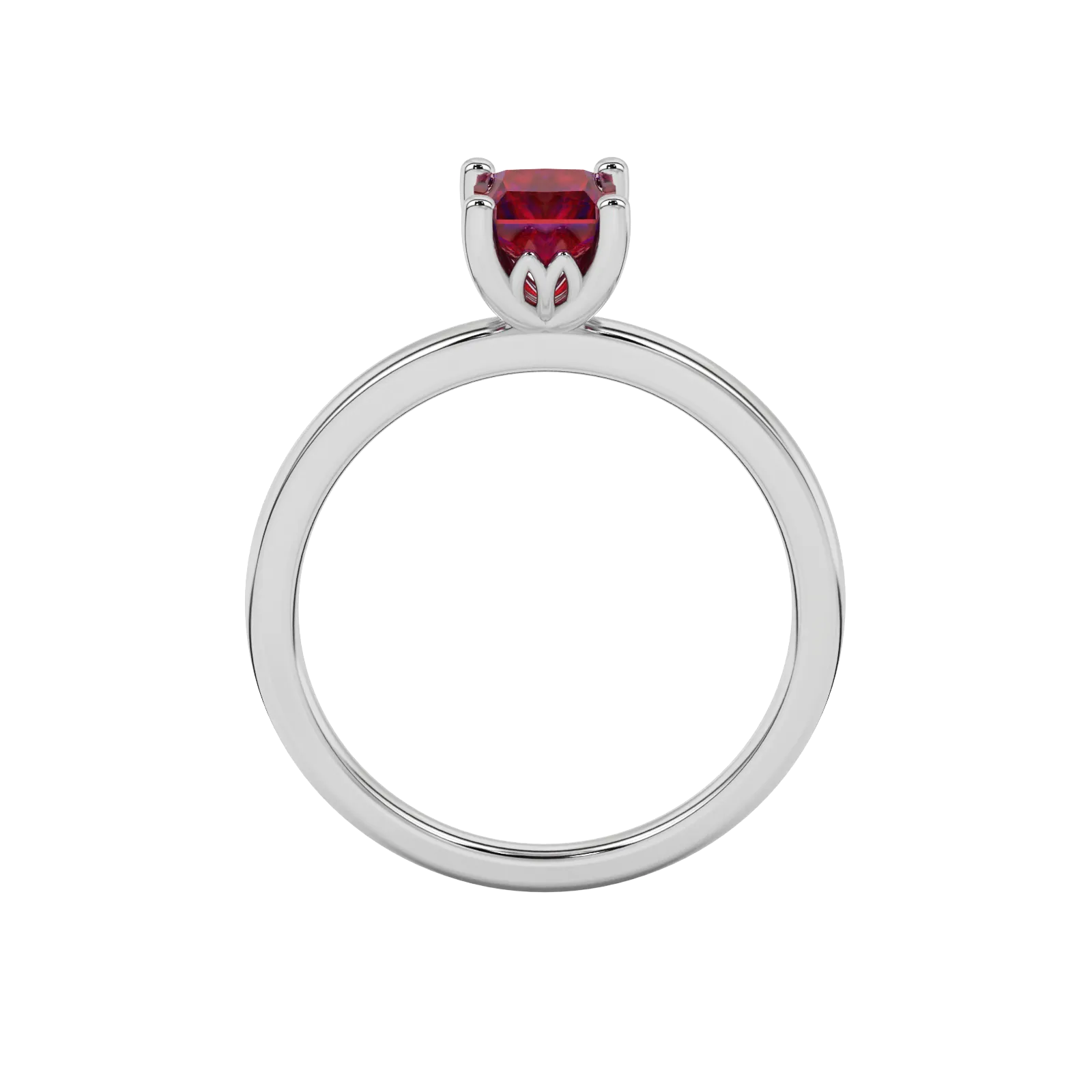 Princess raspberry red gemstone ring, white gold lotus basket setting.