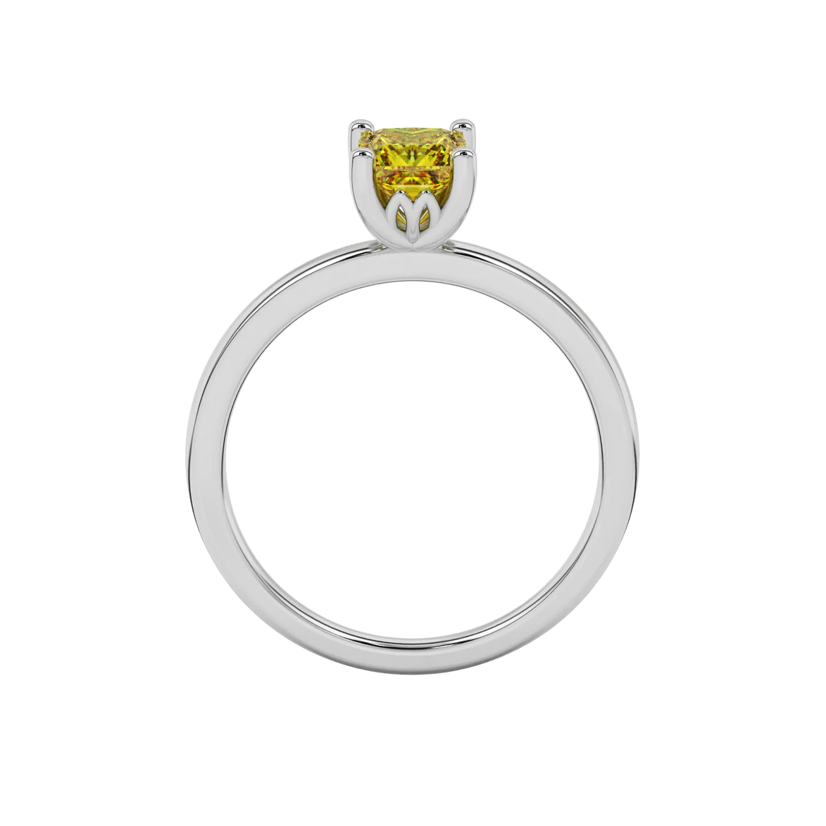 Princess canary yellow gemstone ring, white gold lotus basket setting