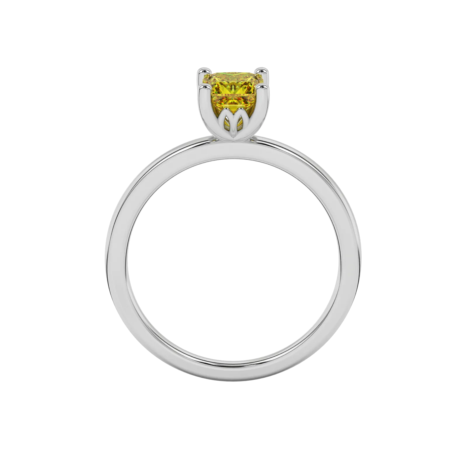 Princess canary yellow gemstone ring, white gold lotus basket setting