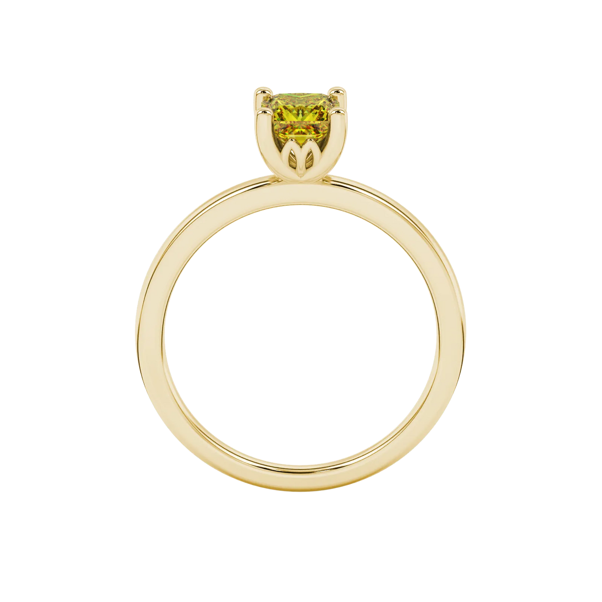 Princess canary yellow gemstone ring, yellow gold lotus basket setting.
