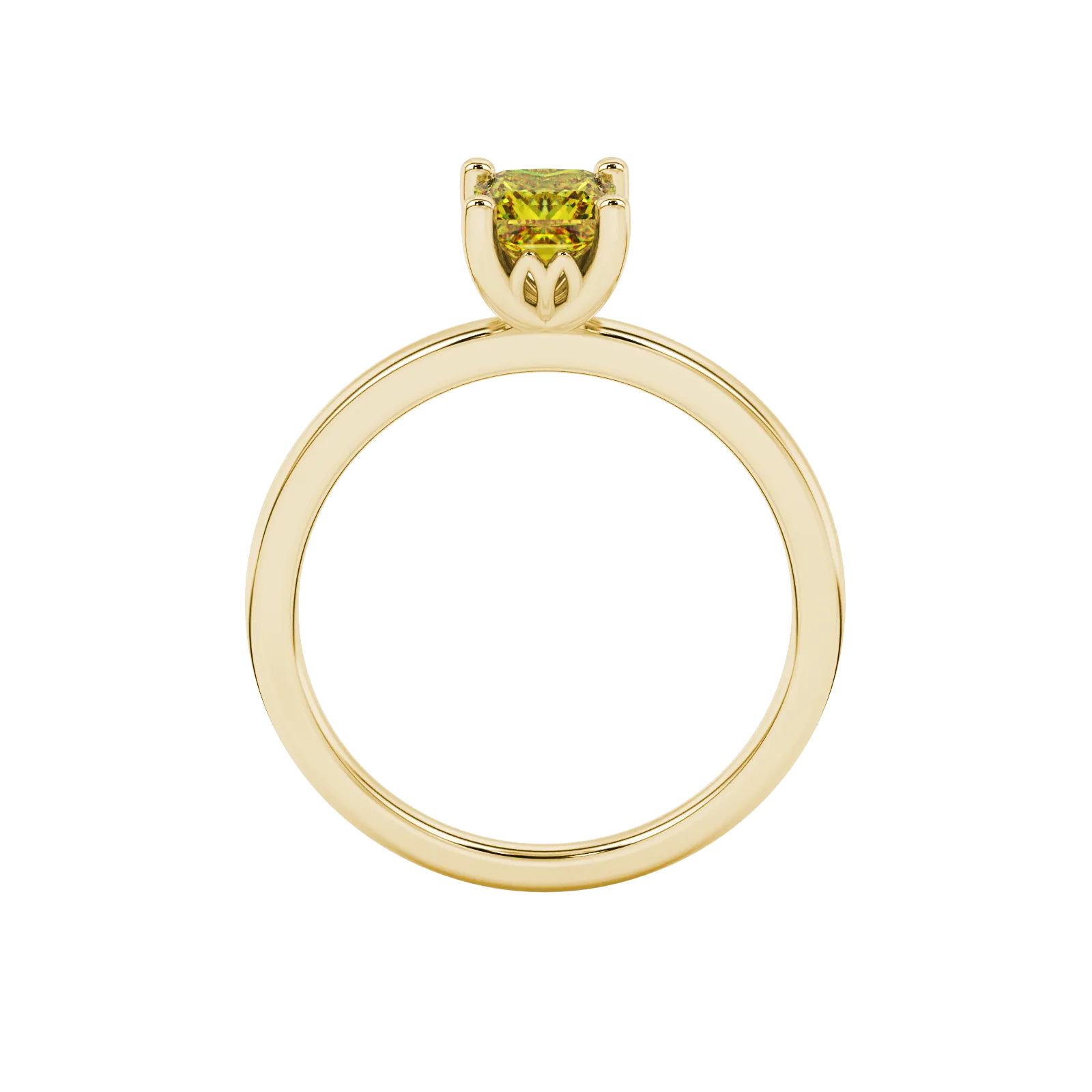 Princess canary yellow gemstone ring, yellow gold lotus basket setting.